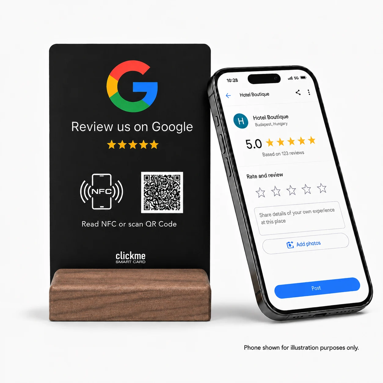 ClickMe Google Review-tafelstandaard met NFC en QR-code